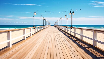 Obraz premium Sunny beach boardwalk extending to the ocean