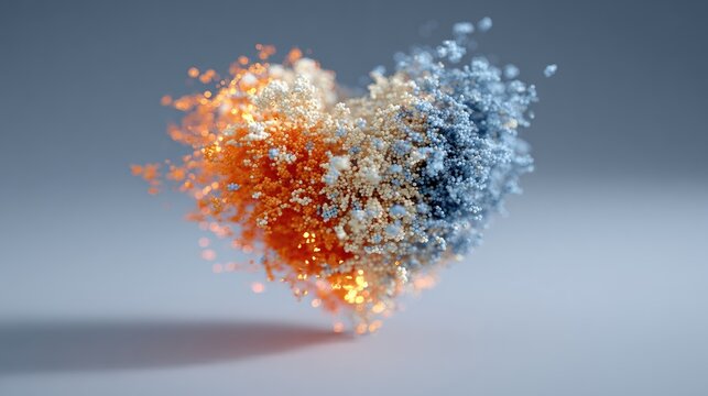 Exploding heart shape composed of multicolored particles. - Powered by Adobe