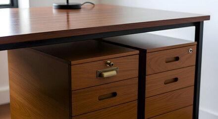 A close up view of a wooden desk with drawers and a black metal frame in a well lit room setting