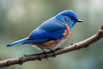 Naklejka premium A vibrant bluebird perches gracefully on a branch, its plumage contrasting with bokeh background.
