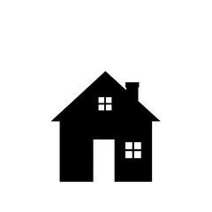 Fototapeta premium Simple black and white vector illustration of a house with a chimney, door, and windows, isolated on a white background, perfect for real estate or home design concepts.