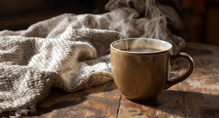 Warm Coffee in Mug with Cozy Blanket on Rustic Table