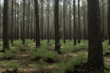 Fototapeta premium Serene forest scene featuring towering trees and lush green foliage on the forest floor below them.