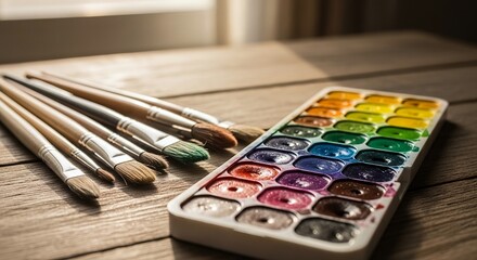 Watercolor Paint Set and Paintbrushes on Wooden Table
