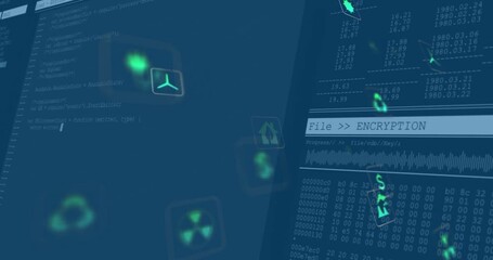 On-screen cursor clicking upload icon and activating encryption bar as floating icons securing data - Powered by Adobe