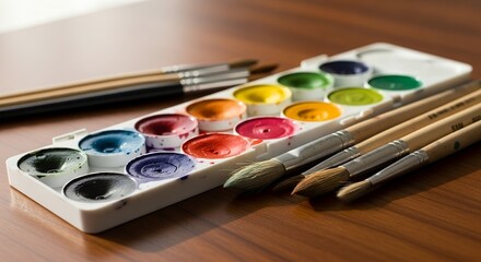 Watercolor paints and paintbrushes on wooden table for art and craft projects