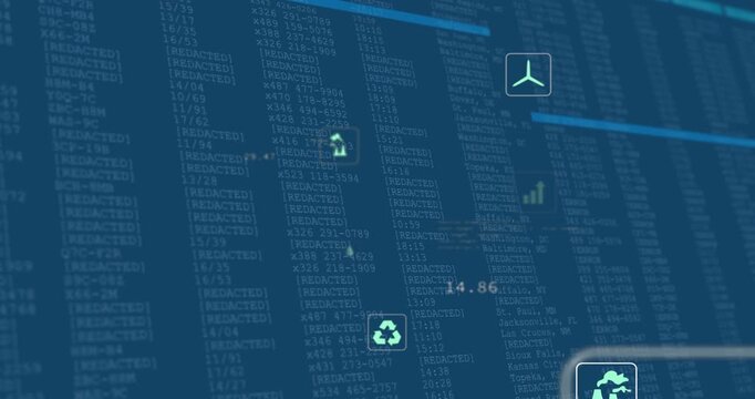Scrolling code behind eco icons, updating data and highlighting water droplet icon for analytics