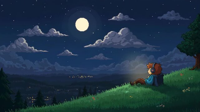 character using headphone relaxing on hills pixel art style landscape in night with moon and cloud