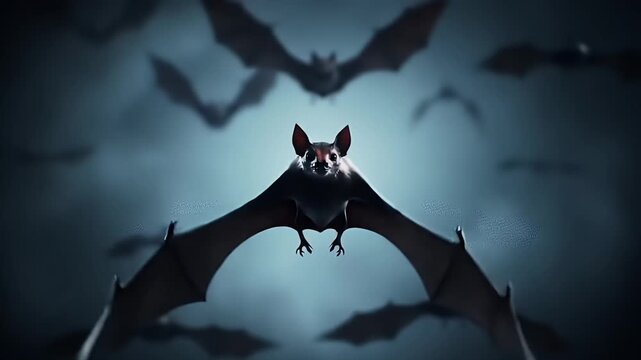 Dramatic Halloween Night Scene Bats Flying in Dark Blue Sky with Moody Lighting Detailed Wing Texture Animal Theme
