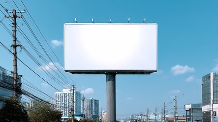 Empty Blank Billboard Against Clear Blue Sky in Urban Environment with Cityscape Background