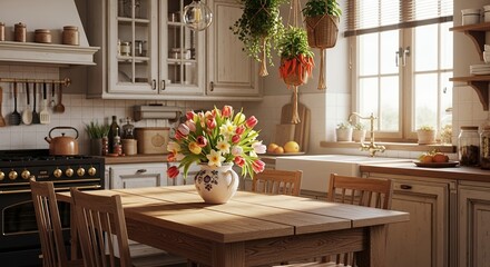 Spring flowers in a rustic kitchen setting
