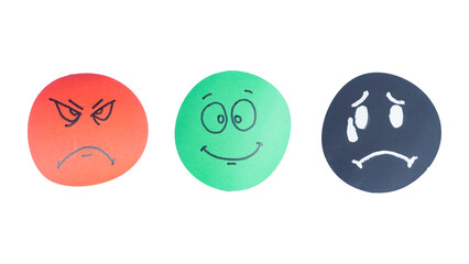 Red angry, green happy, and black crying emoji paper cutouts isolated on transparent background