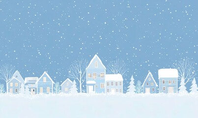 Fototapeta premium Simple Vector Snowfall on Light Blue Background with Houses and Trees, Christmas Card Template