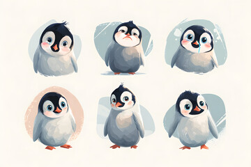 Fototapeta premium Cute Cartoon Penguins with Different Expressions and Poses