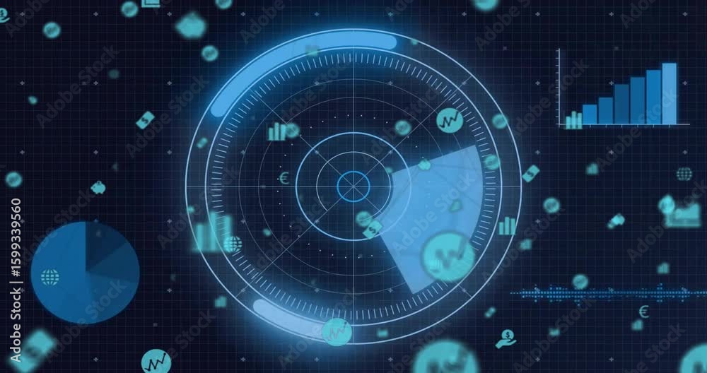 Poster On data update, central radar chart processing inputs while data icons orbiting and charts updating