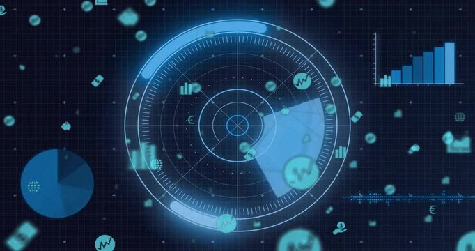 On data update, central radar chart processing inputs while data icons orbiting and charts updating