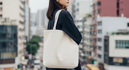 Woman carrying beige tote bag in urban setting