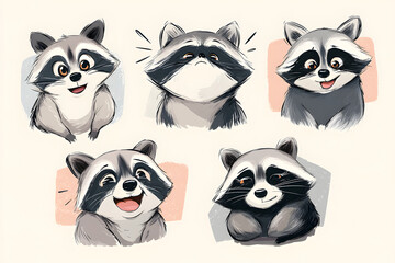 Fototapeta premium Cute and Playful Cartoon Raccoons with Various Expressions and Poses