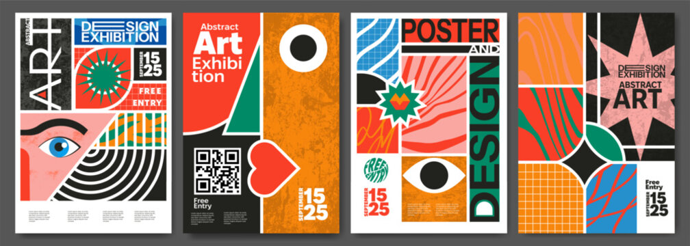Colorful abstract poster designs for an art and design exhibition, featuring geometric shapes, bold colors, and modern layout elements on a gray background. Set of vector illustrations