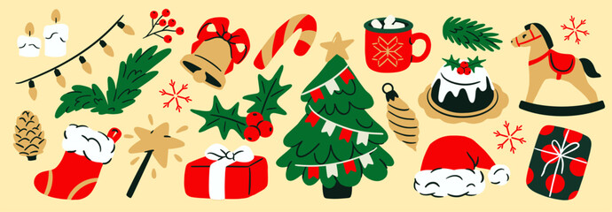 Various festive Christmas icons including tree, gifts, stocking, bell, holly, and candles in hand-drawn cartoon style isolated on light background. Vector illustrations set