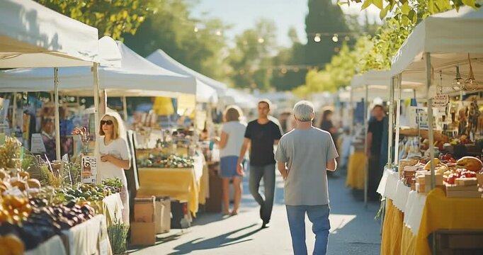 Busy farmers market with diverse vendors and shoppers