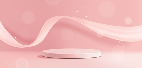 Minimal round podium on soft pink background with floating fabric ribbon and glowing sparkles, presenting a dreamy cosmetic or product showcase concept. Vector illustration © Rudzhan