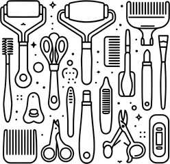 Flat line icons of beauty tools such as face rollers, gua sha, brush, comb, nail clipper, and scissors, isolated on white background.

