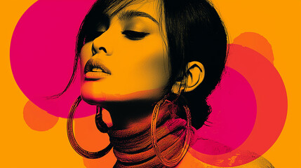 Bold Pop Art Portrait of Woman with Hoop Earrings on Vibrant Orange and Pink Background – Modern Fashion Illustration