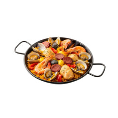 Delicious Paella with Seafood and Chicken in a Pan.