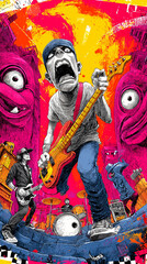 Explosive Cartoon Rock Band Illustration with Screaming Lead Guitarist and Wild Background