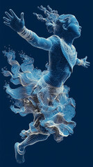 Futuristic 3D Wireframe Human Figure in Motion with Flowing Lines on Dark Background – Digital Art Concept