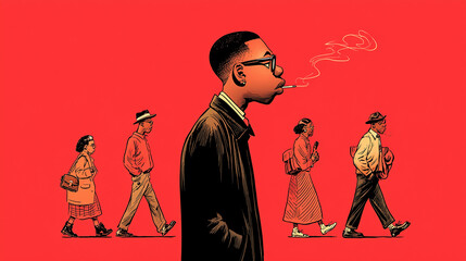 Stylized Cartoon People Walking Against Bold Red Background – Retro Urban Street Illustration