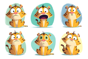Cartoon Illustration of Expressive Tiger Faces Showing Various Emotions