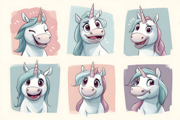 Cute Cartoon Unicorn Faces with Various Expressions and Emotions