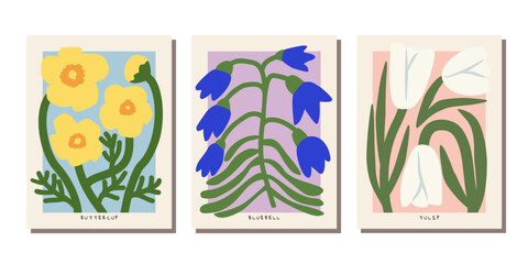 Modern botanical wall art. Flat design flower illustrations. Minimalist botanical.