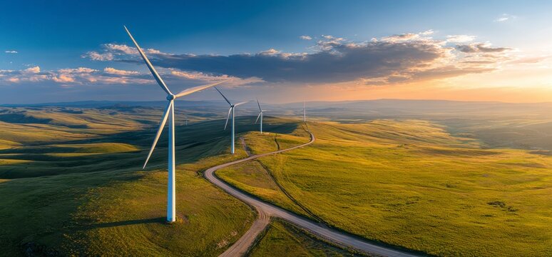Wind turbines on rolling hills at sunset