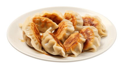 Steaming hot pan-fried dumplings glistens with savory sauce on a white plate, ready to eat