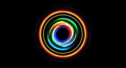 A vibrant, colorful spiral of concentric rings glows against a black background, creating an abstract visual.