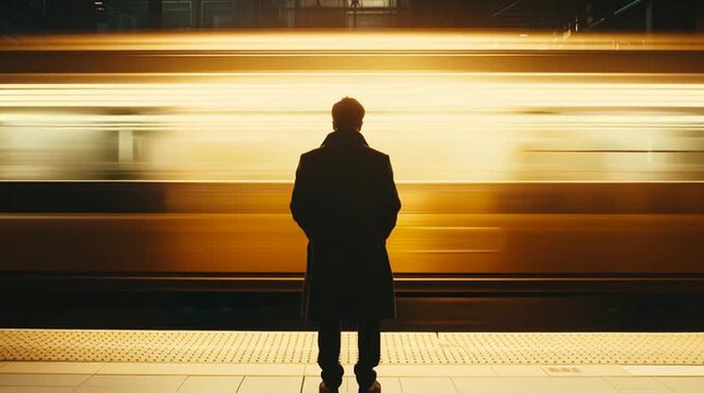 A man stands still on a quiet train platform as a high-speed train passes him. The camera captures a cinematic wide-angle shot of the train in motion blurred.