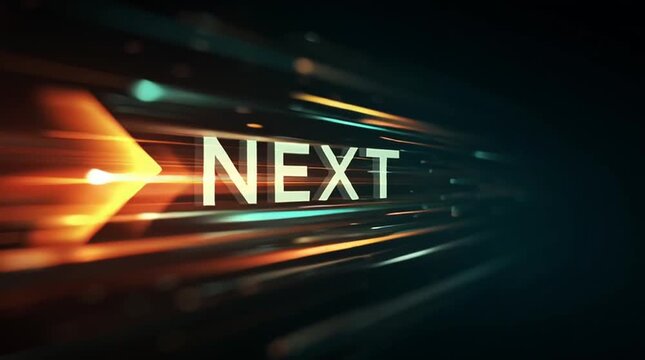 「NEXT」の文字を押し出す光る矢が特徴のダイナミックなグラフィックトランジションアニメーション：迅速な進行を告げる高速で決定的なムード｜NEXT,トランジション,アニメーション,矢印,高速

