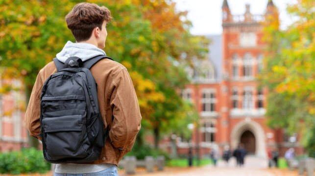 A young man with a backpack facing a brick building, the building is out of focus, autumn leaves are visible in the foreground and background. - Powered by Adobe