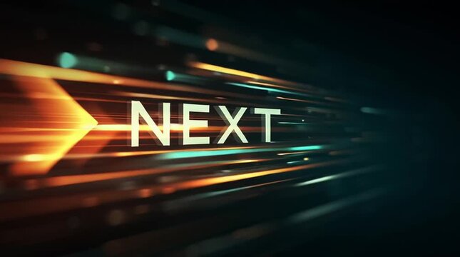 「NEXT」の文字を押し出す光る矢が特徴のダイナミックなグラフィックトランジションアニメーション：迅速な進行を告げる高速で決定的なムード｜NEXT,トランジション,アニメーション,矢印,高速

