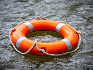 Orange lifebuoy floating on dark water, secured with rope, ready for emergency rescue.