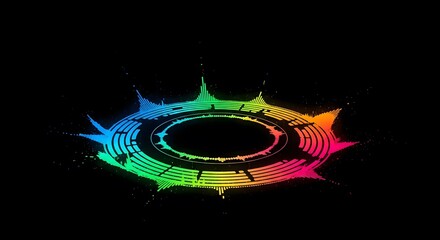 A vibrant, colorful, circular graphic design with radial elements, set against black.