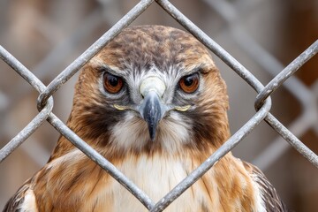 Close-up of a hawk's face behind a chain-link fence, the hawk stares intently through the metal grid, its sharp eyes fixed on something beyond.