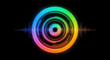 Abstract digital artwork featuring concentric colorful circles with sound wave visualization on black background.