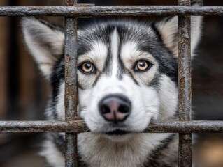 A husky dog looks sadly through the metal bars of a cage, its brown eyes expressing longing and hope.