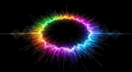Colorful abstract representation of sound waves radiating outwards from a central black void.