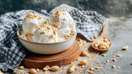 Fototapeta premium Coconut ice cream scooped into a bowl with roasted peanuts and sticky rice toppings