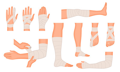 Human arms, legs, hands and feet wrapped in medical bandages, on a white background. Concept of injury, healing, health care, first aid. Set of medical bandages elastic bandages. Vector illustration